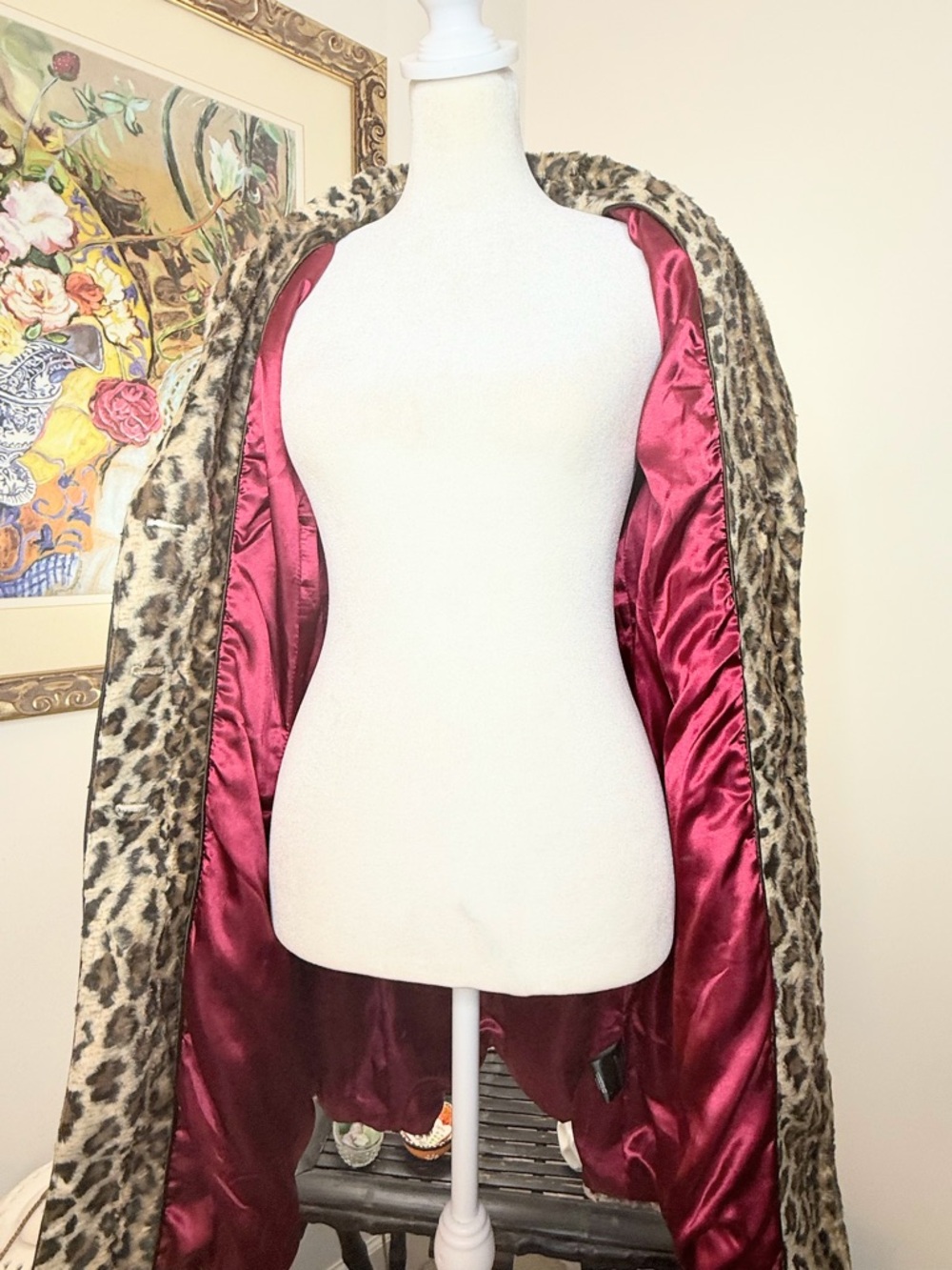 Members Only Leopard Faux Fur Trench Coat Belted XS Mob Wife NWT Flaw - Picture 8 of 13